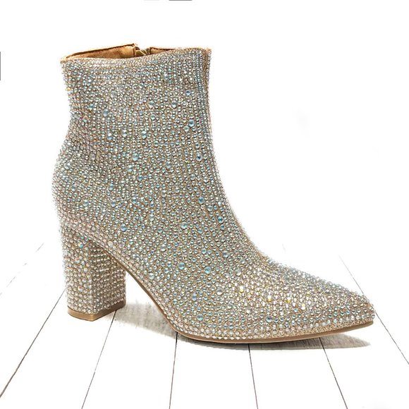 New Women Champagne Gold Rhinestone Glitter Pointy Ankle Boots Booties - Picture 2 of 6
